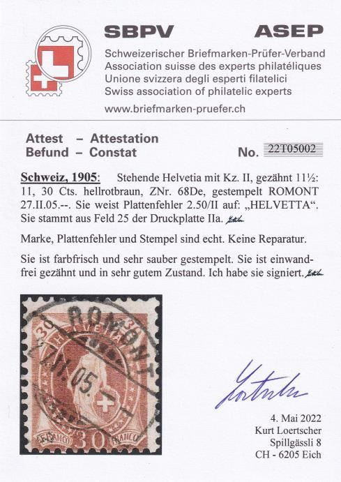 Tutti i francobolli: Stehende Helvetia 68D mit Plattenfehl... – Nuovo e nell'imballaggio originale da Baar venduto da Saegi1 1