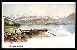 Lithographie Thunersee, Ruderboote am Ufer, See mit Schloss 