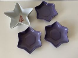 3 Sternschalen lila & 1 Sternschale weiss mit Tannenbaum