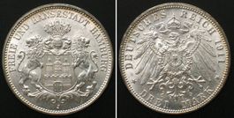 HAMBURG 3 Mark 1911 J, Silber, prägefrisch, ERHALTUNG! f.st