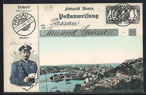Cartoline postali: AK Passau, Briefträger, Stadtpanorama – Usato da Berlin venduto da bartko-reher