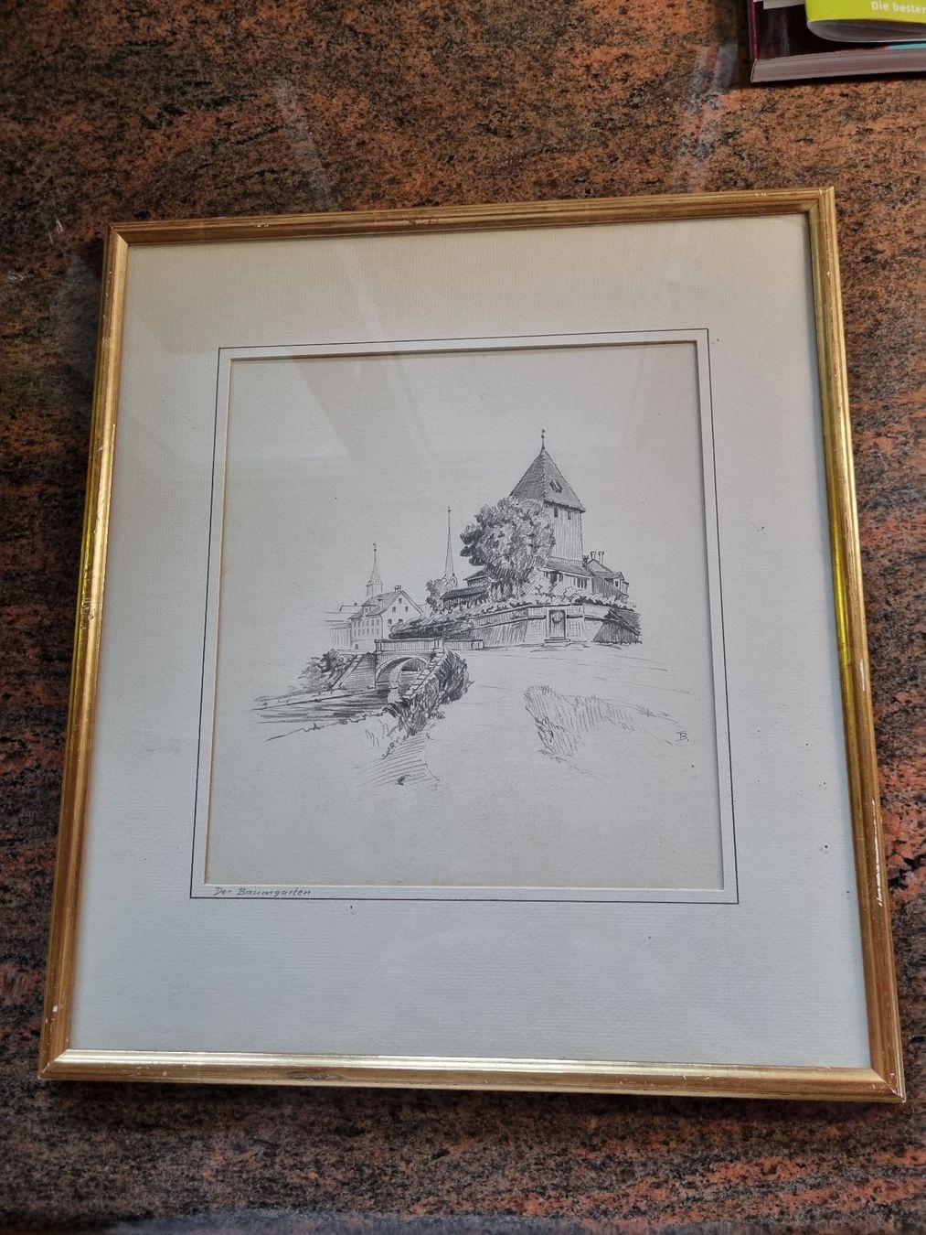 Foto & Immagini: Original Bleistiftzeichnung "Der Baumgarten" mit Goldrahmen. – Usato da Trachslau venduto da post35