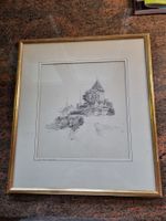 Original Bleistiftzeichnung "Der Baumgarten" mit Goldrahmen.