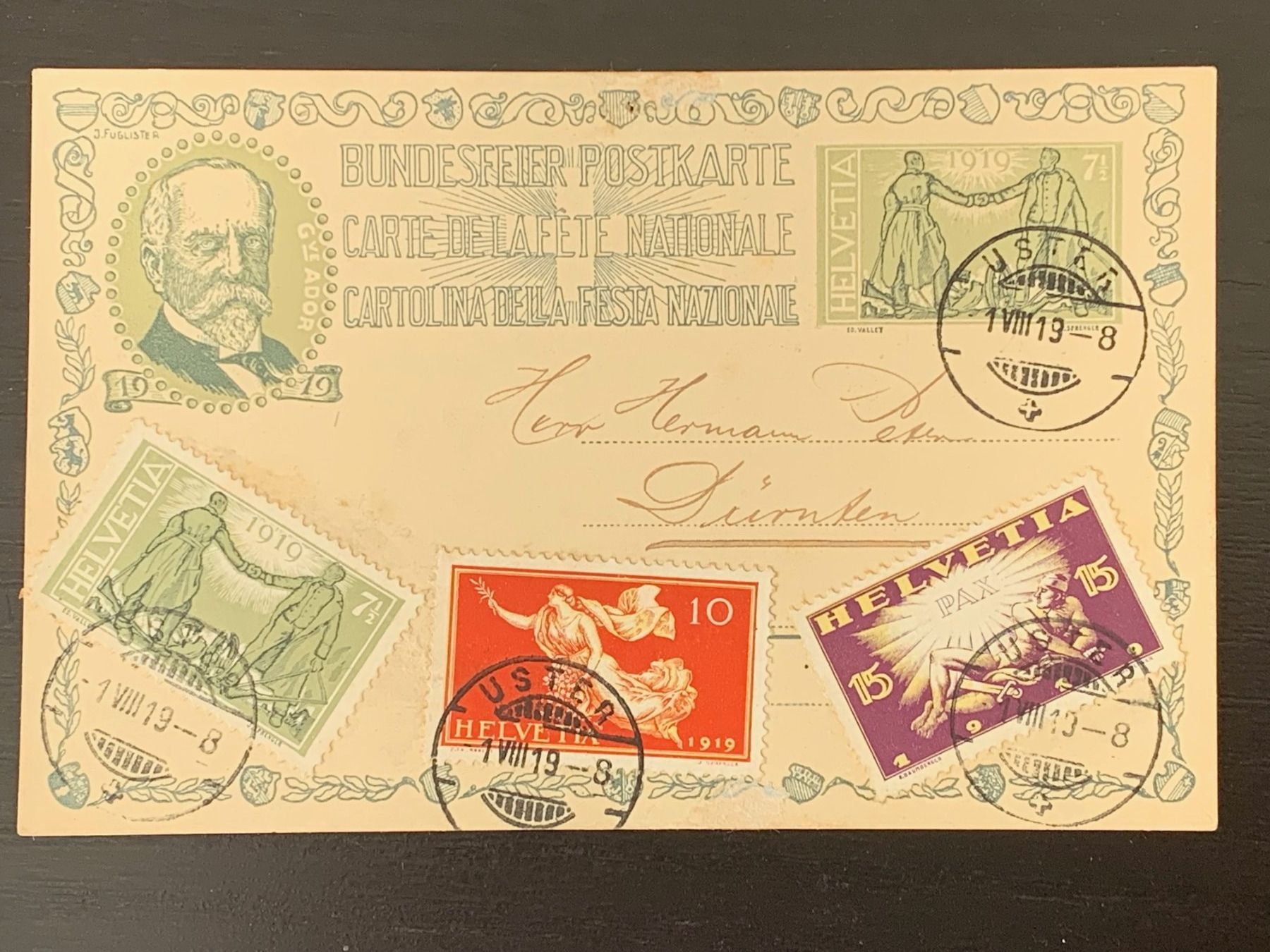Alle Briefmarken: Bundesfeier-Postkarte 1919 – Gebraucht aus Wangen b. Olten von 66ard