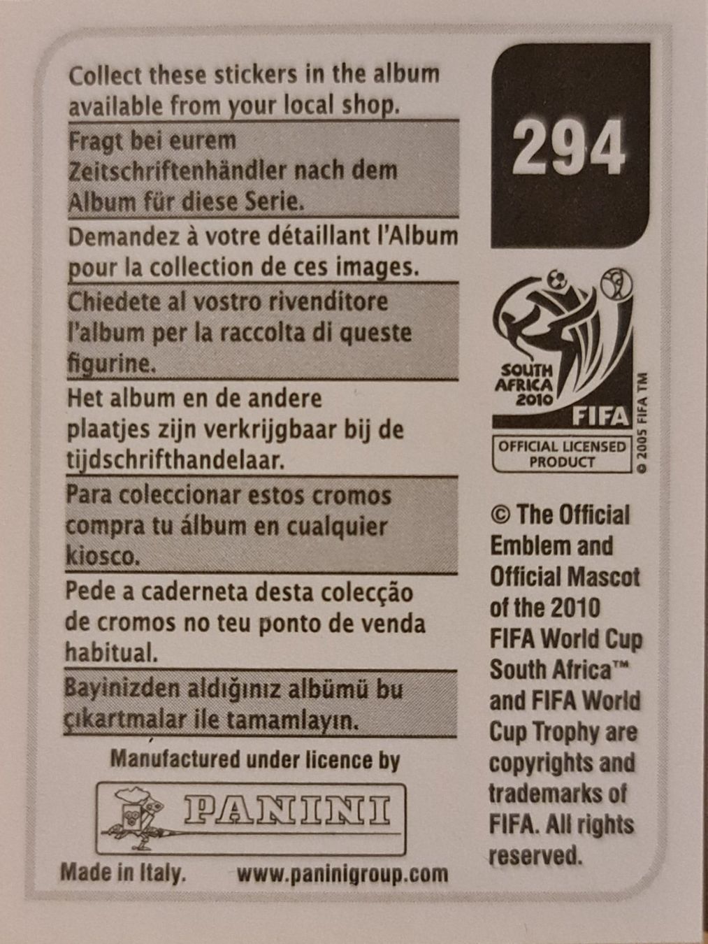 Panini Carte collezionabili: Panini WM 2010 Nr. 294 – Nuovo (secondo la descrizione) da Dintikon venduto da Prime-shop 1