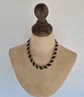 Edles goldfarbenes Collier Emaille blau/grün/gold - Vintage