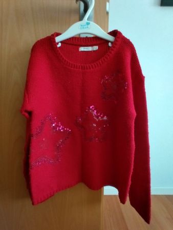 warmer festlicher roter Pullover mit Stern Mädchen, 134 -140