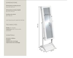 Armoire à bijoux avec miroir sur pied, blanche, état neuf