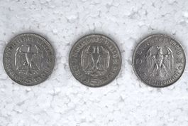 3 Silbermünzen, 5 Reichsmark, 1934, 1935, 1936