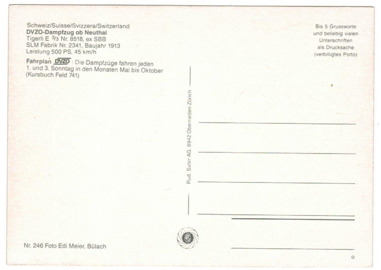 Cartoline postali: AK DVZO Dampfzug ob Neuthal – Usato da Zürich venduto da Tolima194 1