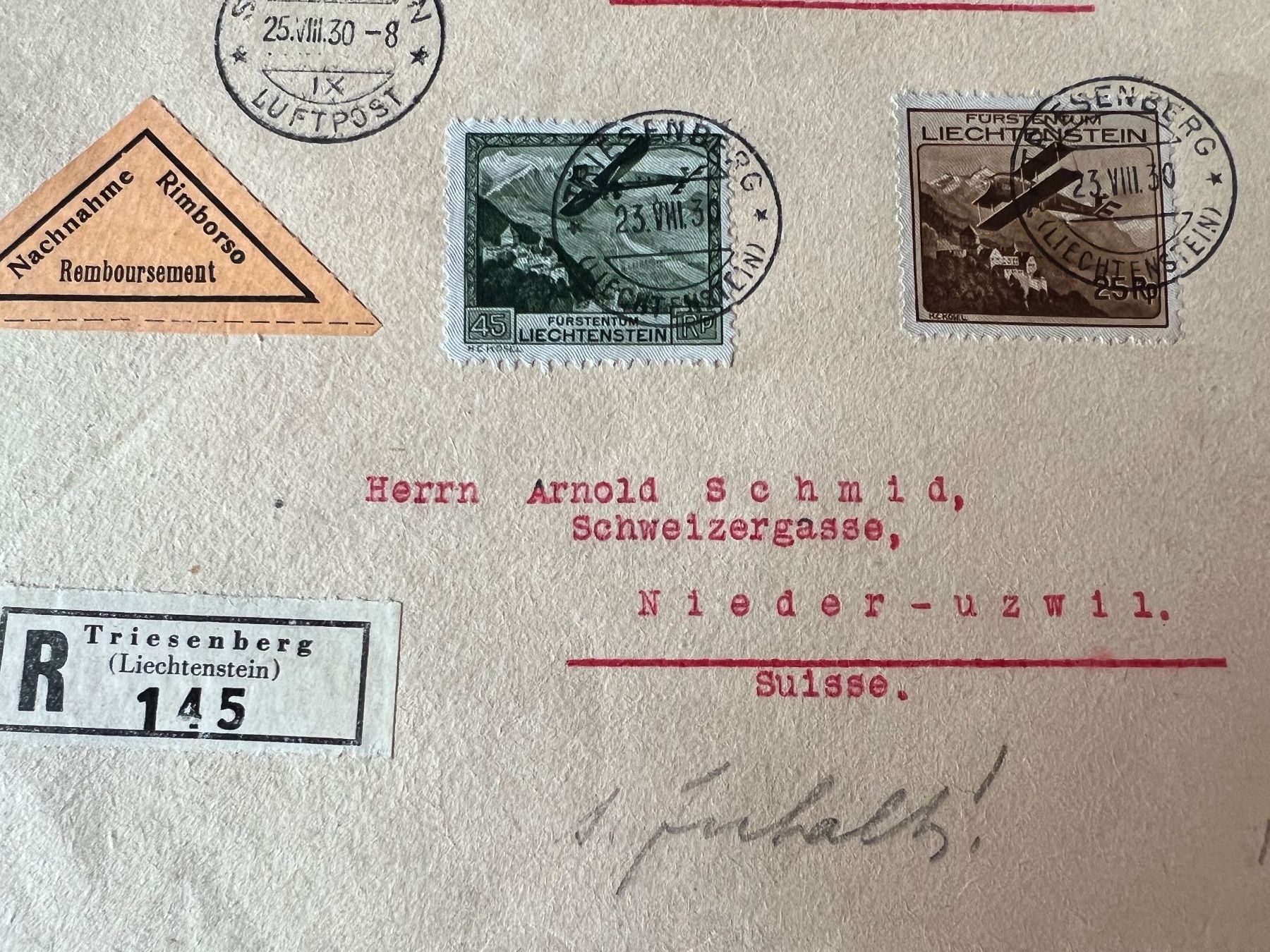 Tutti i francobolli: Luftpost, Brief, 1930, Triesenberg-Schweiz – Usato da Oberhasli venduto da Sicurezza 3