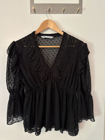 Zara Black Sheer Polka Dot Blouse