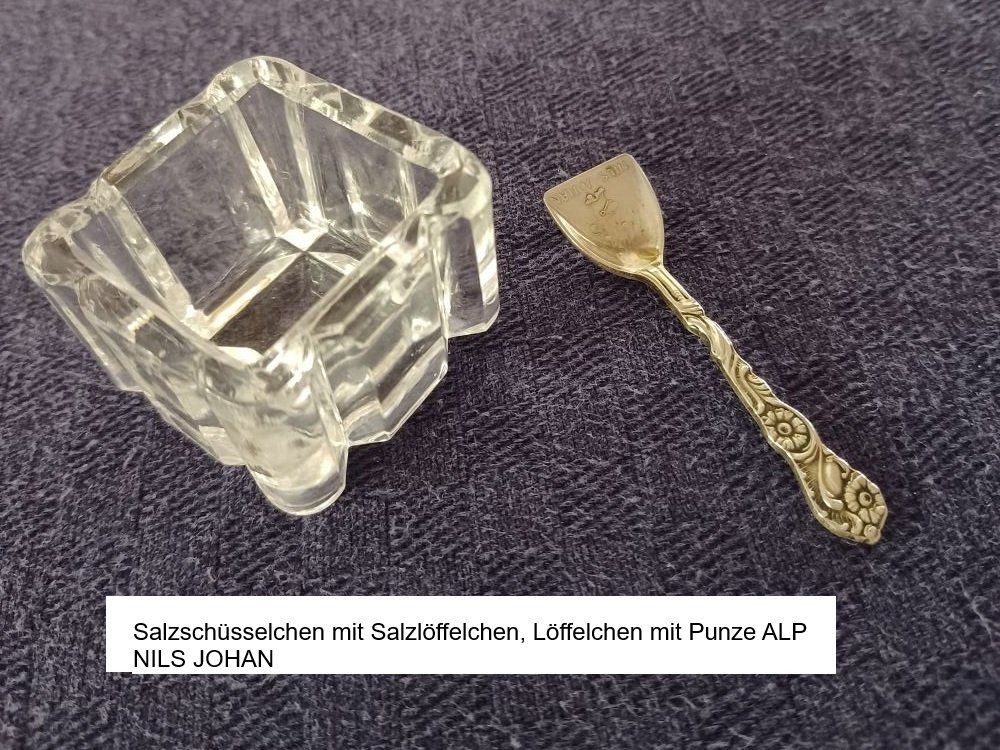 Cucchiai: Antikes SALZ-GEFÄSS mit Silverplated Löffelchen – Usato da Basel venduto da frassi