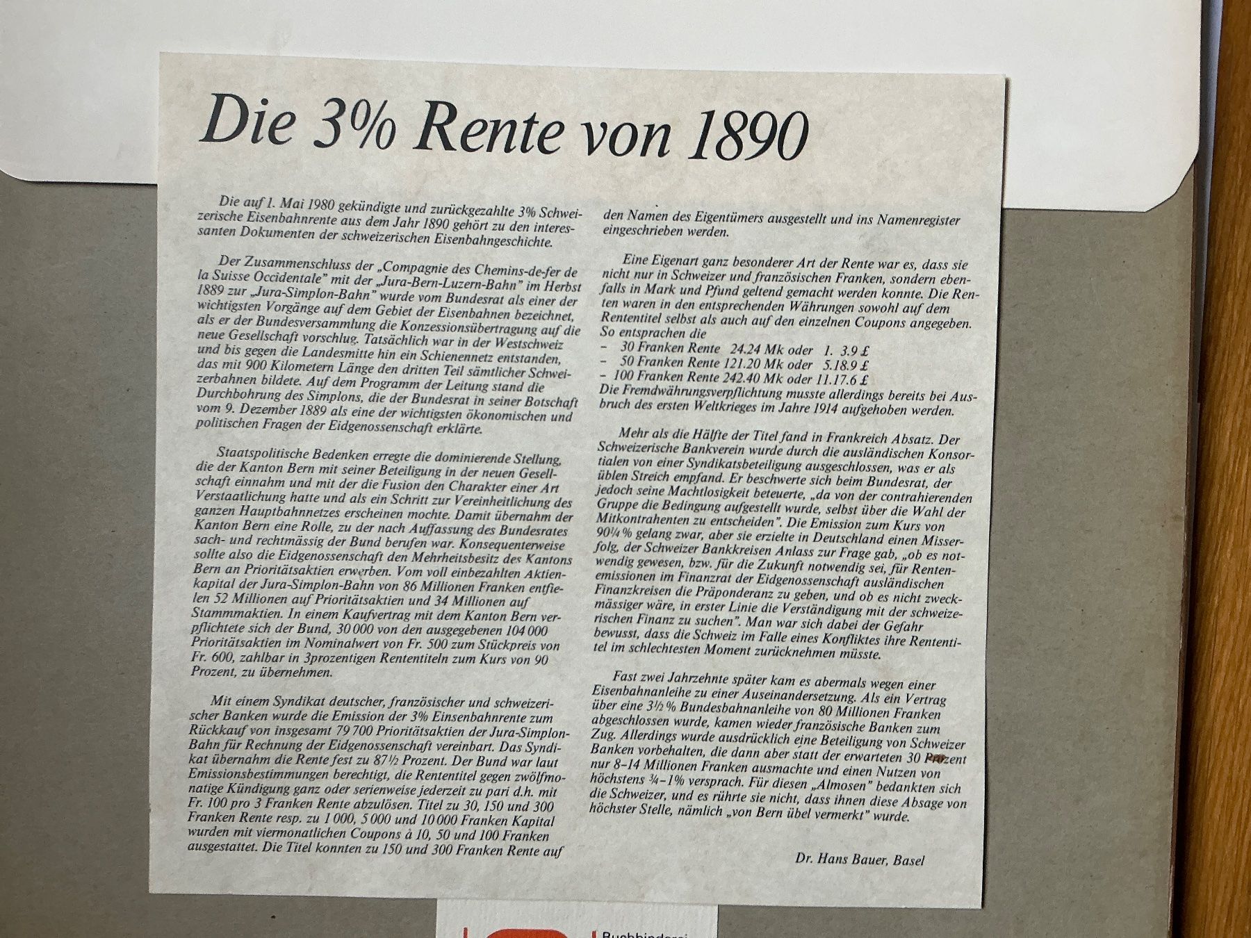 SBB/CFF/FFS Dokumente: Historisches Wertpapier - Schweizerische Eisenbahnren – Gebraucht aus Maur von 20hcodracir11 5
