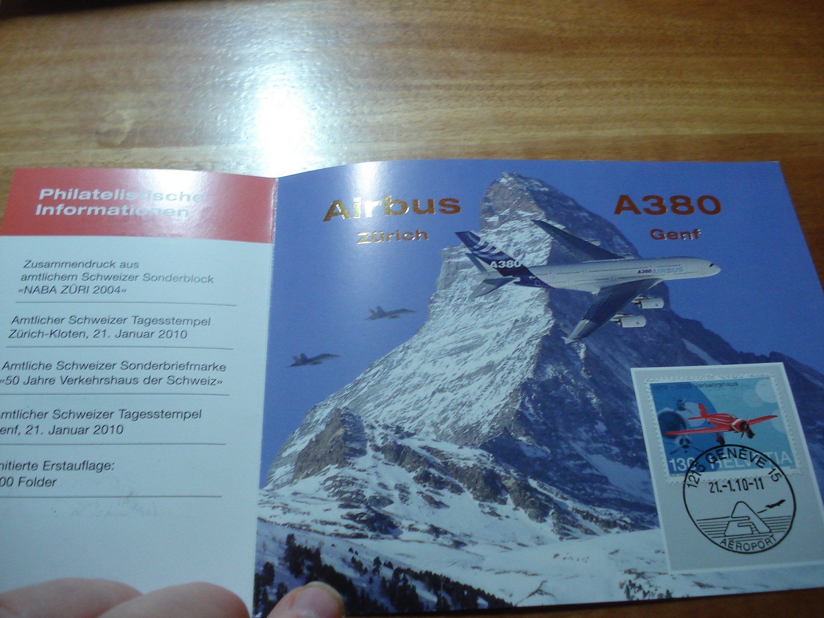 Tutti i francobolli: Folder Airbus 380, Zürich - Genf, 2010 – Usato da Niederwil AG venduto da morostahu 1