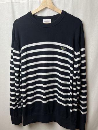 Pull Lacoste Rayé Bleu Marine et Blanc