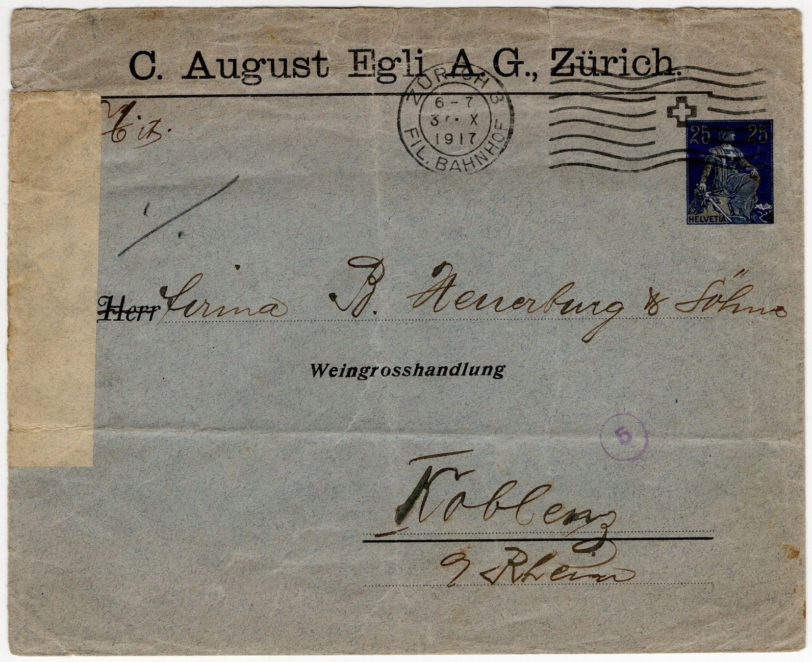Alle Briefmarken: 25 Rp. Helvetia m.S. ABART auf Privatganzsache von ZÜRICH – Gebraucht aus Eglisau von Chperfins
