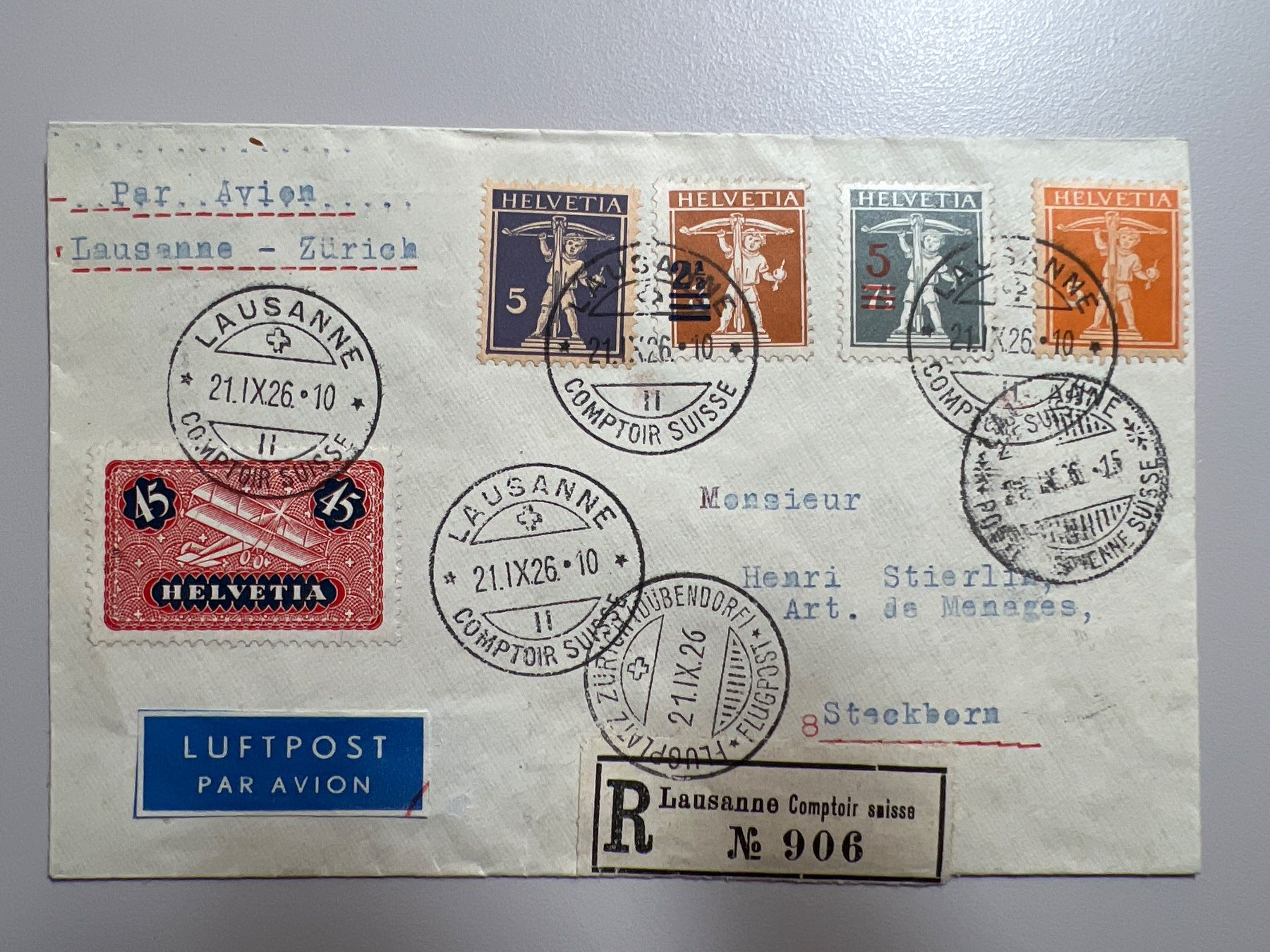 Tutti i francobolli: Flugpostbrief Comptair Lausanne 1926 CS7 – Usato da Buchrain venduto da wmm