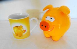 2 x Miggy, Spardose Schweinchen/Kässeli Migros + Tasse