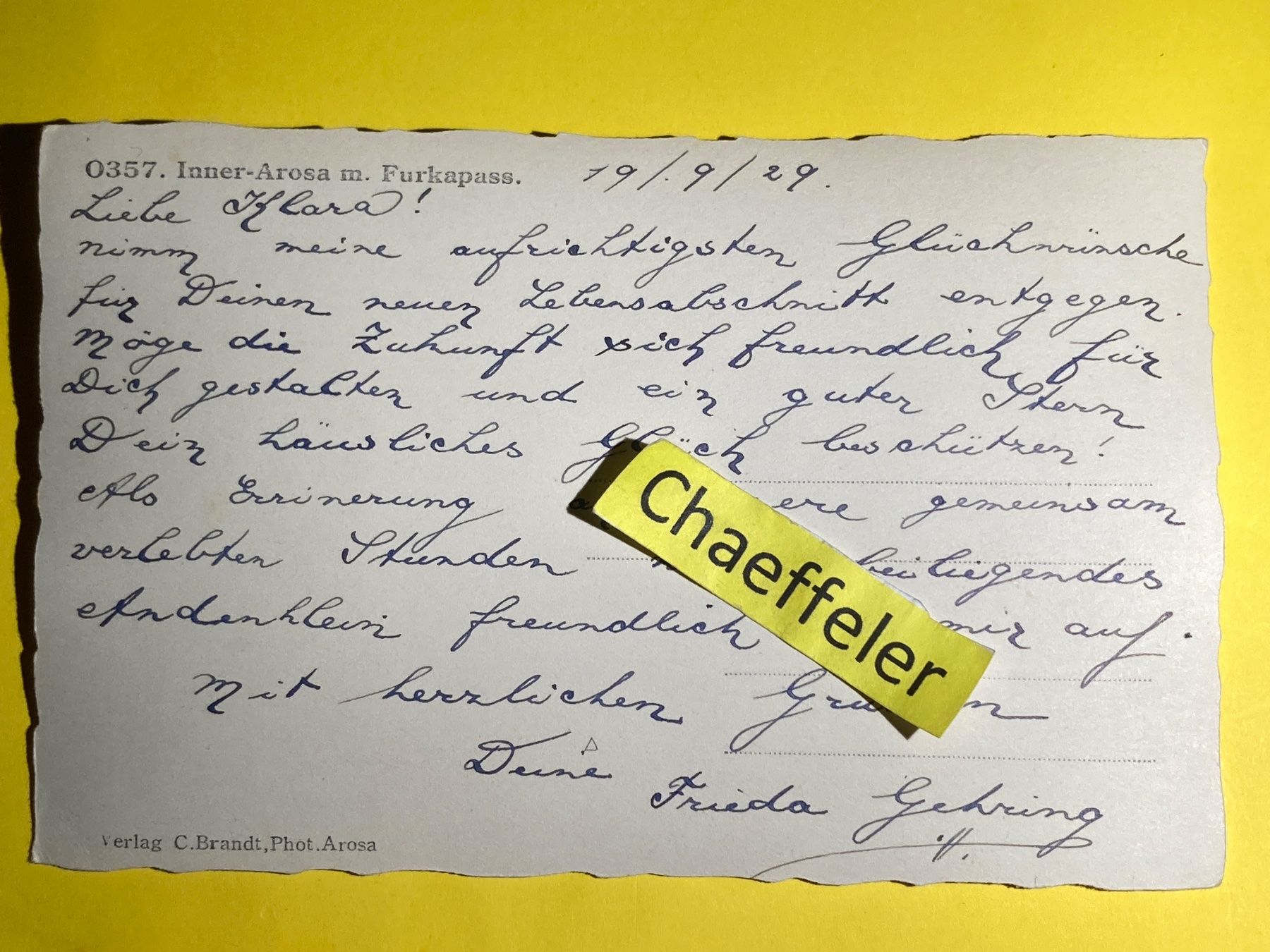 Cartoline postali: 1929 0357 Inner-Arosa m. Furkapass – Usato da Zürich venduto da Chaeffeler 1