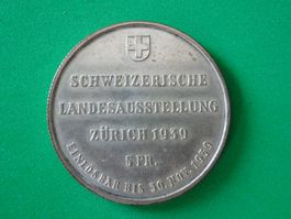 Taler Münze Landi 1939 Zürich Fischer Landesausstellung