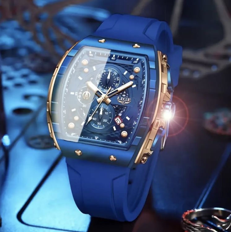Montre Homme Denvosi Sport-élégance - Cadran Bleu Vague D'océan - Bracelet Silicone Bleu - Étanche 30m - Neuf