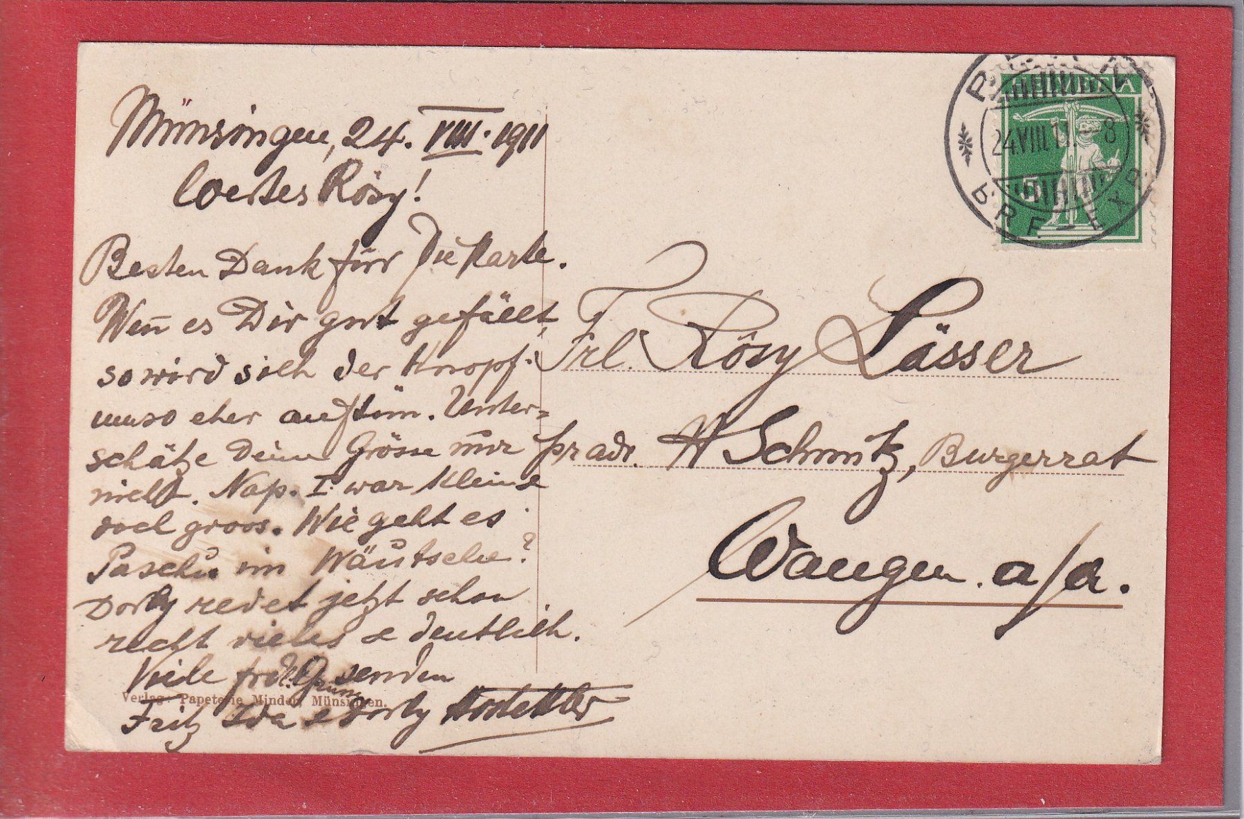 Cartoline postali: Münsingen - Schloss - 1911 – Usato da Orvin venduto da Pyaeschli 1