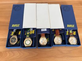 5 Rifle  Uhren Set, 3 Chronograph, neu, Batterien Leer