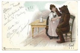 Bärenkarte - Berner Trachtenfrau liebkost Bär - Litho - 1904