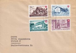 1949, Pro Patria Nr. B42-45, auf Orts-FDC, ZÜRICH 15.Vl.49.