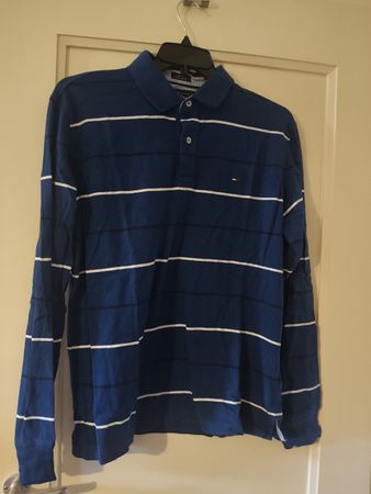 Tommy Hilfiger Polo Langarm Blau Weiss Gestreift Grösse L