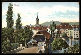 AK Olten, Teilansicht mit Kirche und Pferdewagen