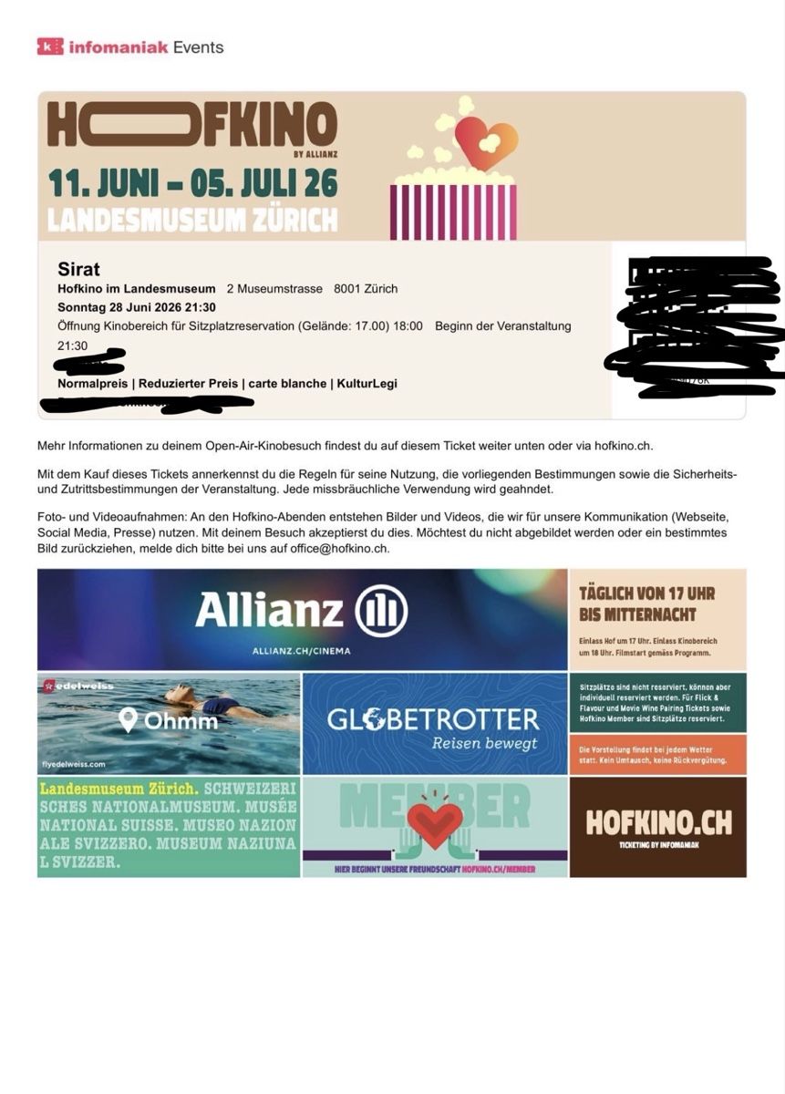 Biglietti: 2 Tickets Hofkino 28.Juni.26 – Nuovo (secondo la descrizione) da Winterthur venduto da sab_9qhb