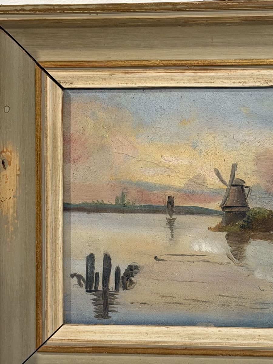 Dipinti: Vintage Framed Landscape Painting with Windmill Scene – Usato da Lausanne venduto da vas_cdb2 1