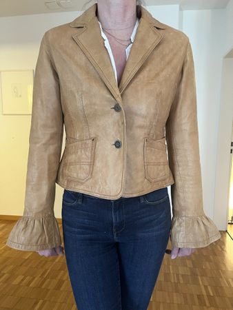 Rehbraune Rüschen Lederjacke Vintage, Grösse M