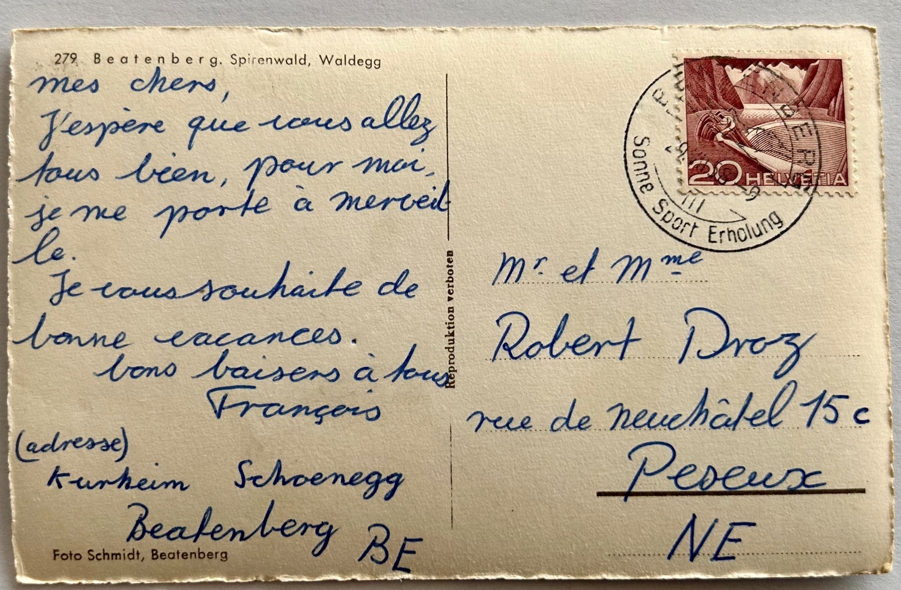 Cartoline postali: Ansichtskarte Beatenberg, Berner Oberland um 1959 – Usato da Spiez venduto da martin-7973 1