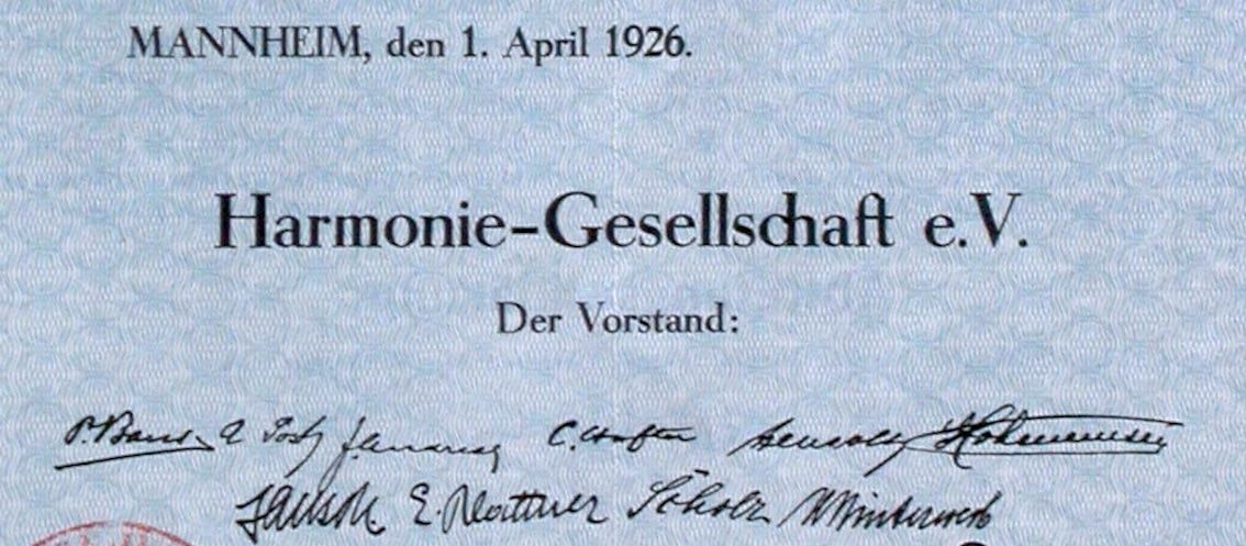 Documenti: Harmonie-Gesellschaft e.V Mannheim, Mannheim - 1926 – Usato da Solothurn venduto da Sgasche 1