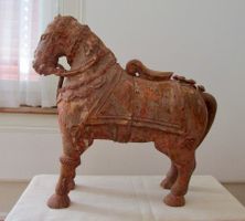 Holz-Skulptur: grosses antikes Pferd, Hengst, Asien / Indien
