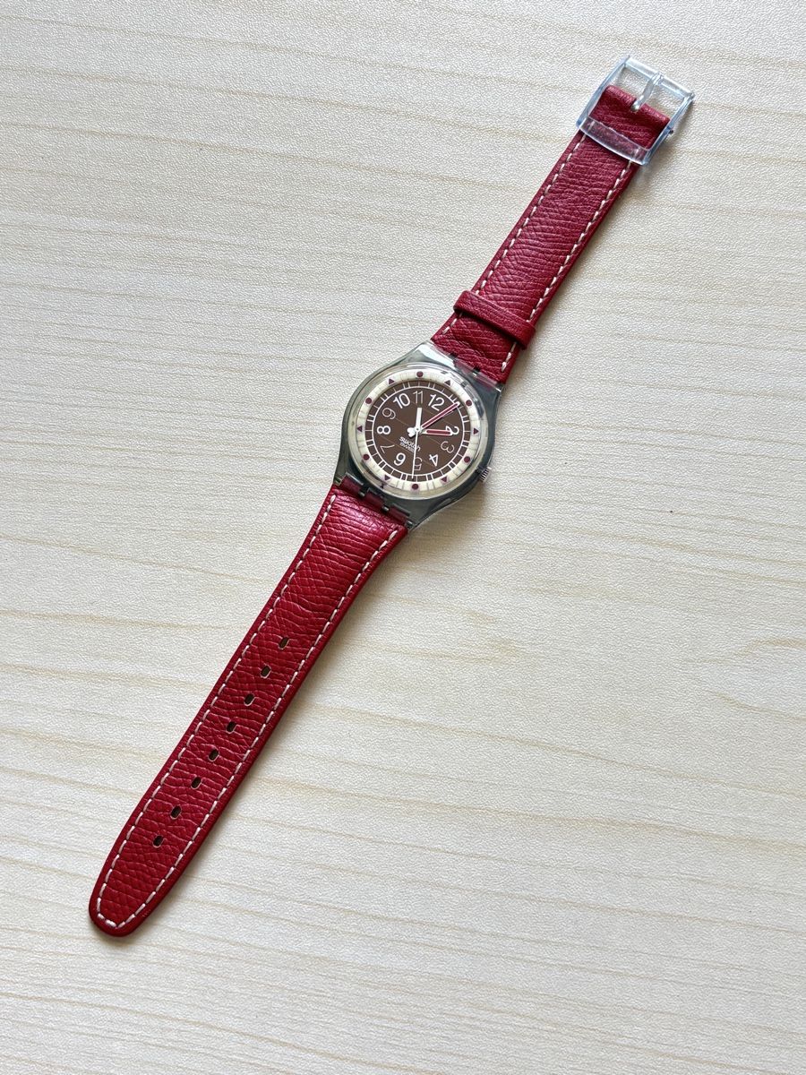 Swatch Orologi: Swatch Solar Uhr Rot Lederarmband  – Usato da Grenchen venduto da chththl 1