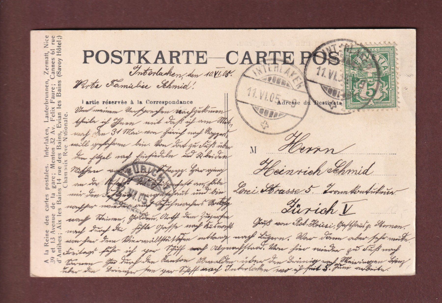 Ansichtskarten: INTERLAKEN - Teilansicht - Jungfrau - 1905 – Gebraucht aus Pully von nicecards-shop 1