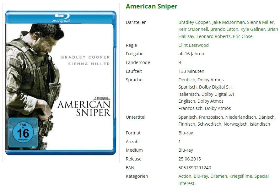 Tutti i DVDs: American Sniper (Bluray) – Usato da Buchrain venduto da Sssschaller