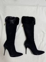 Gucci Black Suede & Fur Trim Knee High Boots - Size 36