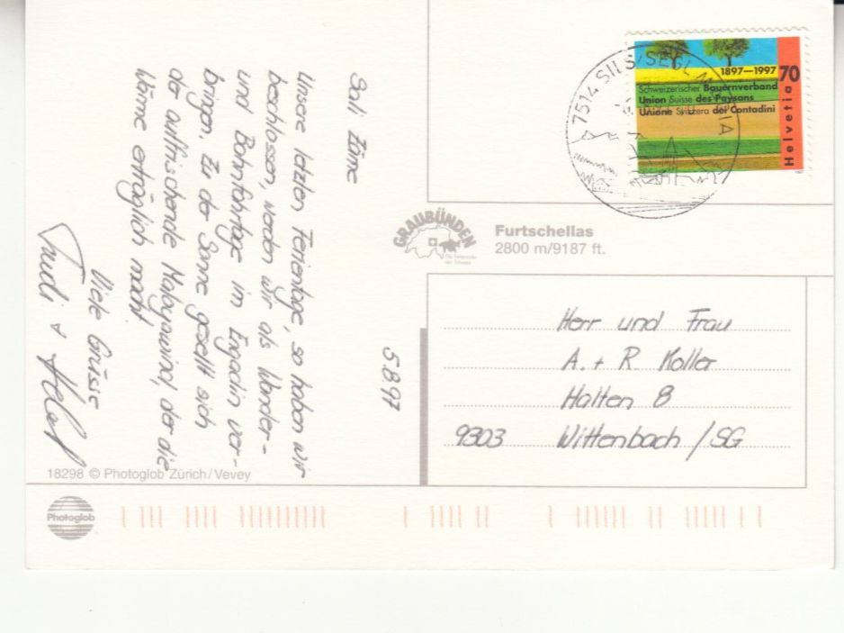 Cartoline postali: Sils Furtschellas 1997 – Usato da Bürglen TG venduto da StampGraf 1