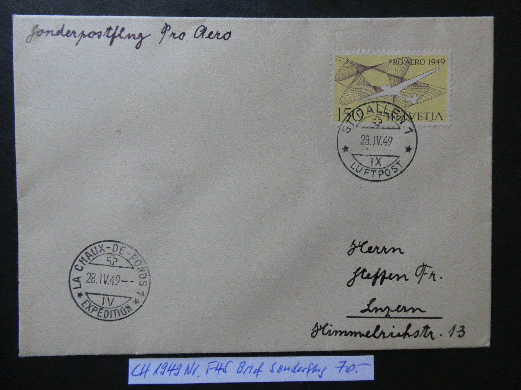 Alle Briefmarken: CH 1949 Nr. F45 Brief Sonderflug – Gebraucht aus Lausen von Herbamare01