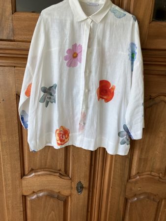 Bluse Rosso35 weiss Blumenmuster 100% Leinen Grösse 44