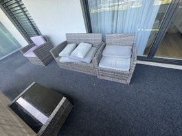 Rattan Lounge Set grau mit Polstern und Tisch gebraucht