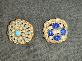 2 goldf. Broschen mit Blautopas & Türkis im Vintage-Stil!