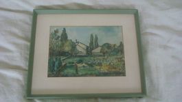 Aquarell in Holzrahmen "Gärtnerei am Allschwiler-Weiher" sig