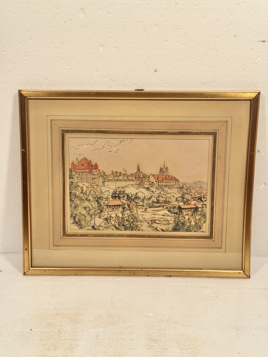 Dipinti: Framed Print Lausanne Landscape View Gold Frame – Usato da Lausanne venduto da artnouveau04