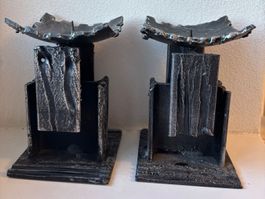 Vintage Paar brutalistischer Säulen-Kerzenhalter aus Eisen